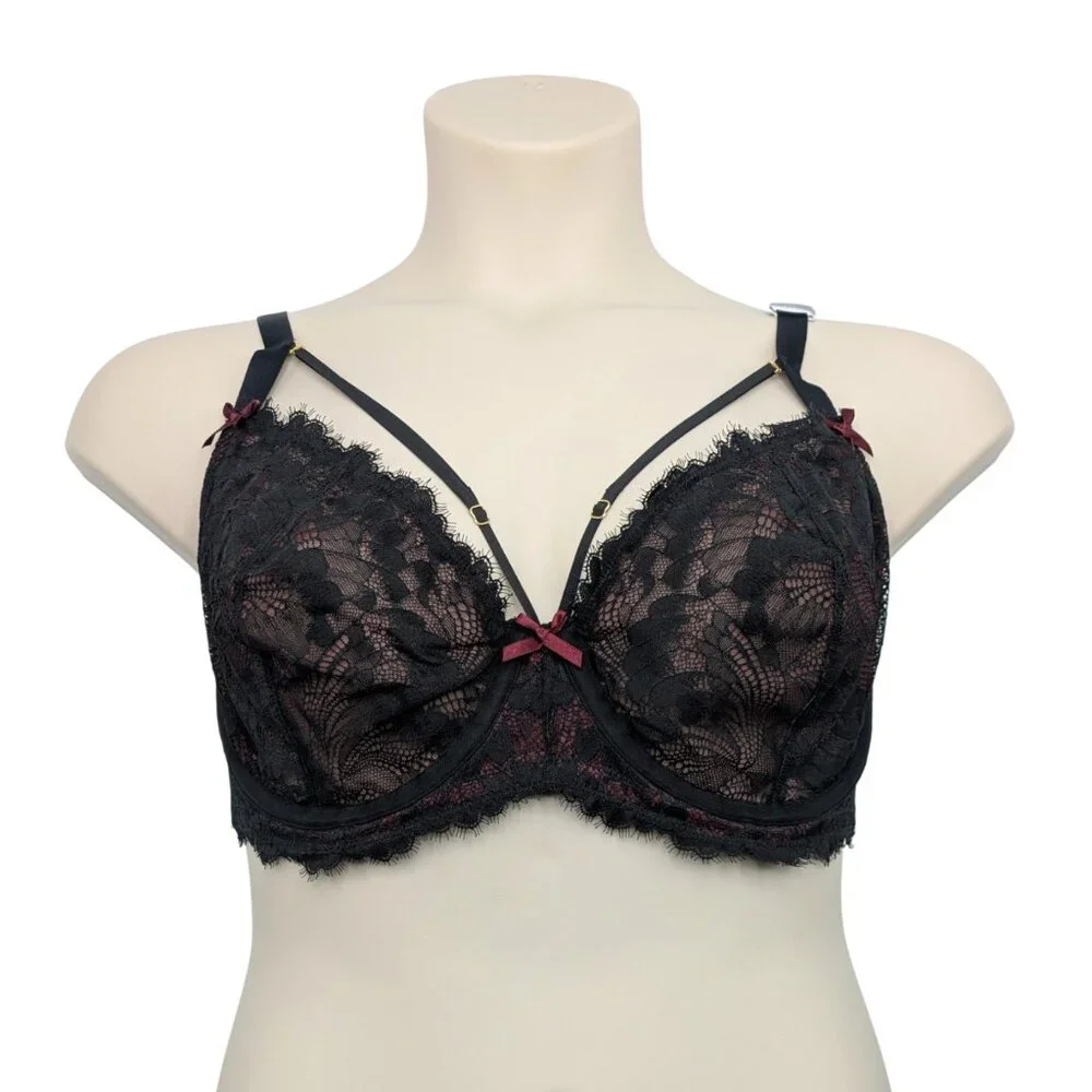 Cacique Womens Balconette Bra 42D Black Red Lace Underwire Unlined - Picture 2 of 10